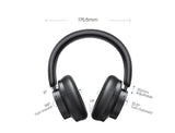 Black over-ear headphones with adjustable features.