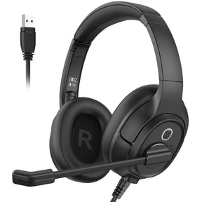 Black over-ear headphones with an attached microphone and USB cable.