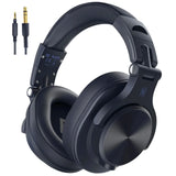Black over-ear headphones with audio cables.