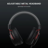 Black over-ear headphones with red accents and an adjustable metal headband.