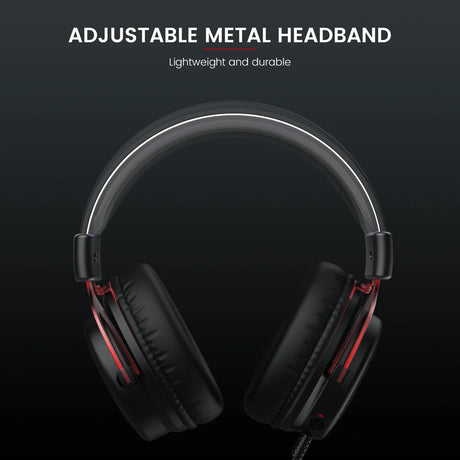 Black over-ear headphones with red accents and an adjustable metal headband.