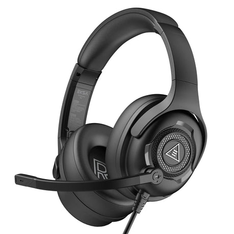 Black over-ear gaming headset with a microphone attached.