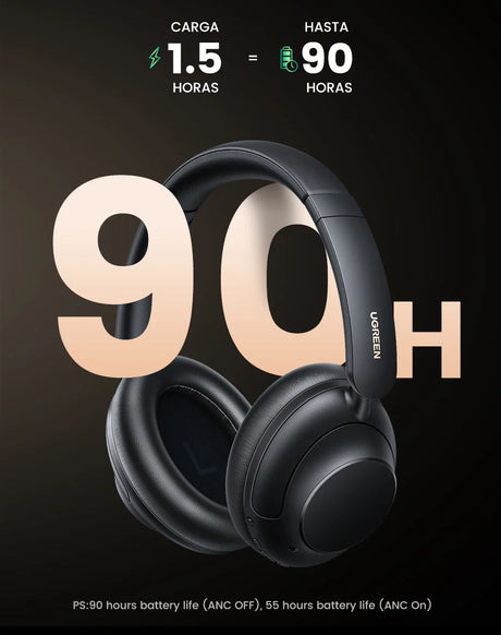 Black over-ear wireless headphones with ’90H’ displayed prominently beside them.