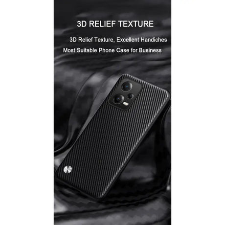 A black phone case with a black background and text that reads, 3d relief texture, excellent hard cases