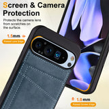 Black phone case with a blue card slot and raised edges for screen and camera protection.