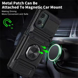 Black phone case with a built-in kickstand and a metal ring for magnetic car mounts.