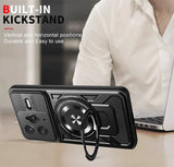 A black phone case with a built-in kickstand and camera protection.