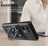 Black phone case with a built-in kickstand.