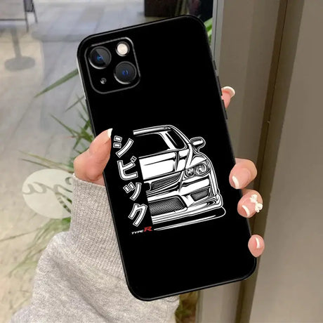 A black phone case with a car design