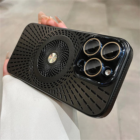 Black phone case with circular design.