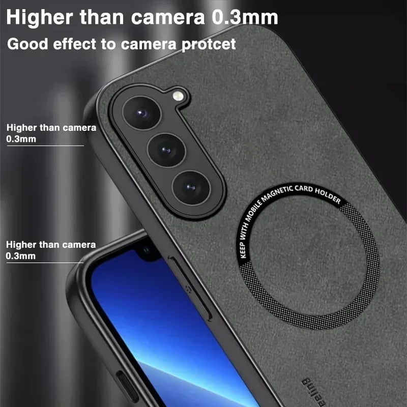 the back of a black phone case with a circular ring around it