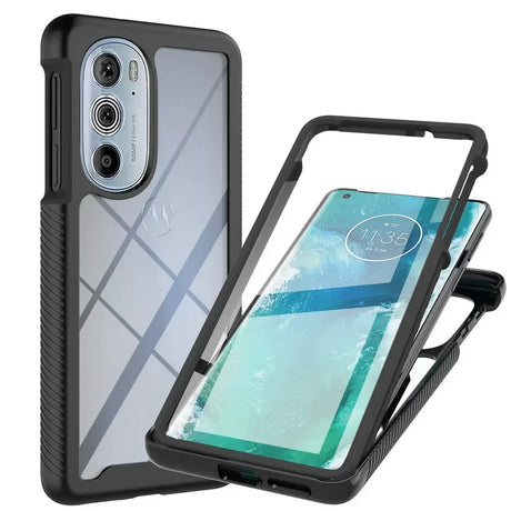 Black phone case with a clear back and a separate front frame.