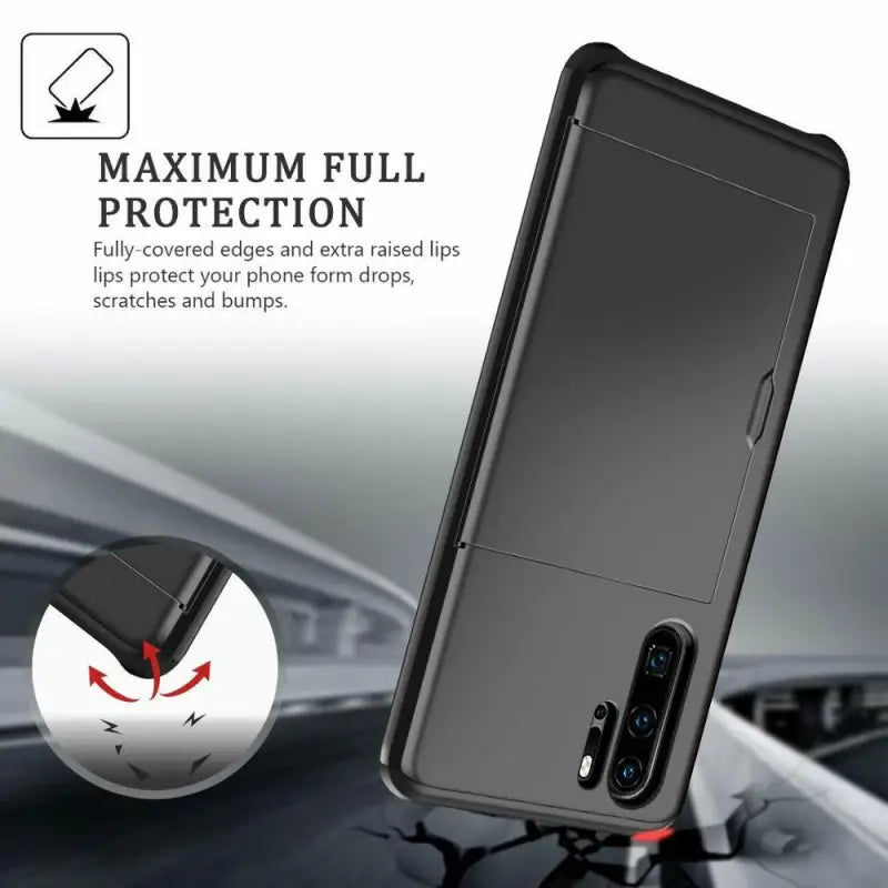 the back of a black phone case with a car dashboard