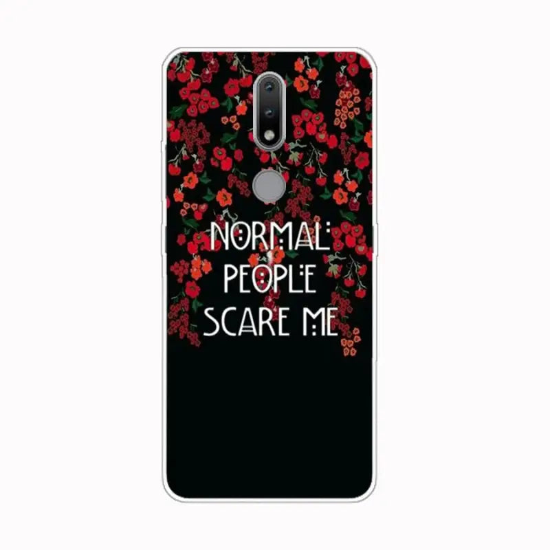 a black phone case with a floral design and the words normal people scare me