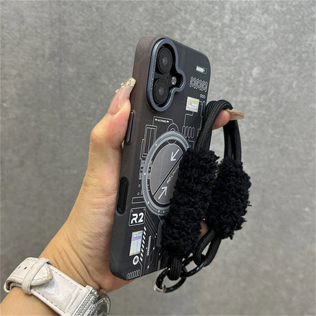 Black phone case with fuzzy strap.