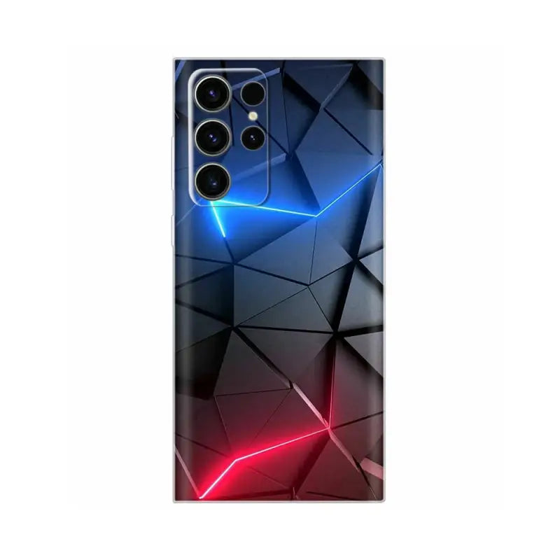 the back of a black and red phone case with a geometric design