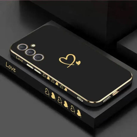 a black phone case with gold hearts and hearts