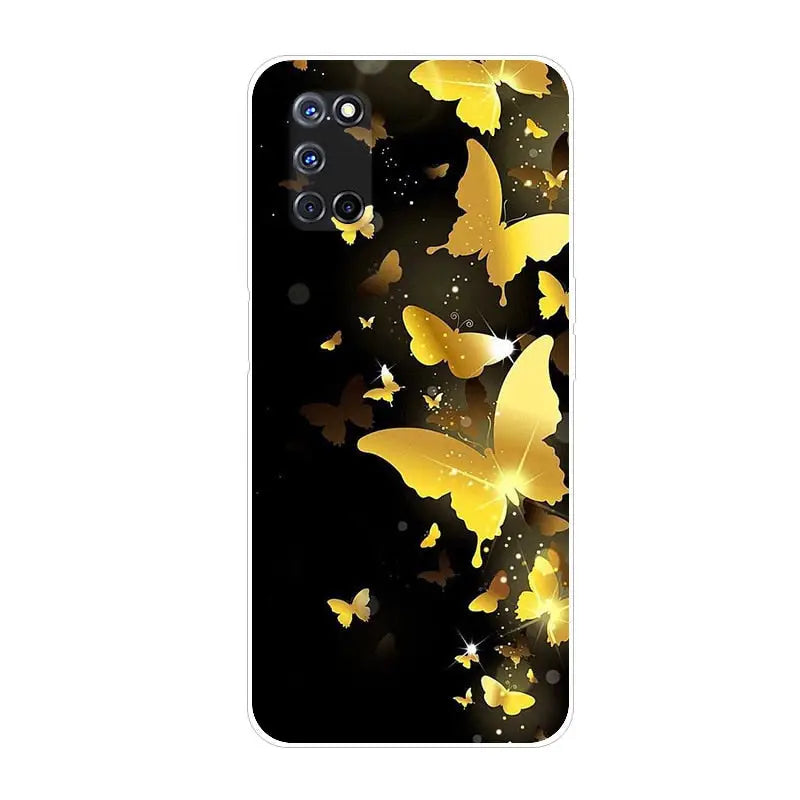 a black phone case with gold butterflies