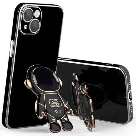 A black phone case with a gold robot