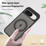 A black phone case with a grey panel, a built-in magnetic charging ring, and a cutout for a dual-camera system.