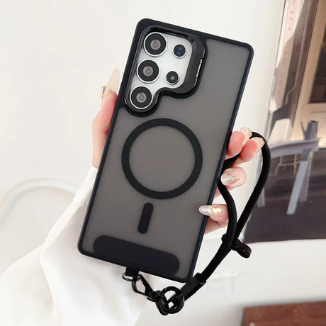 Black phone case with lanyard.