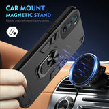 Black phone case with a magnetic ring stand for car mount.