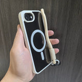 Black phone case with MagSafe and wrist strap.