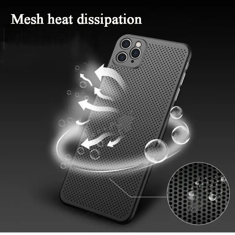 a black phone case with a mesh design and a circular hole