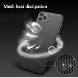 a black phone case with a mesh design and a circular hole
