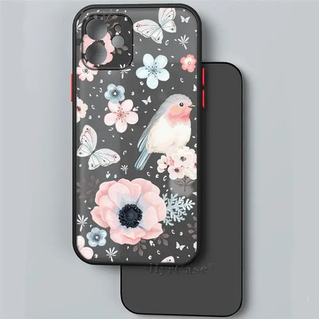 A black phone case with pink flowers and birds