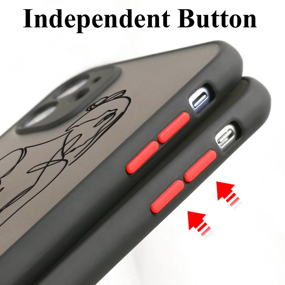 Black samsung galaxy phone case with red independent button accents and minimalist line art design on the back side