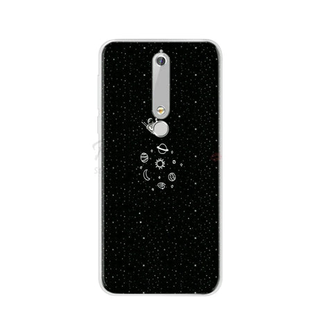Black phone case with space-themed design.