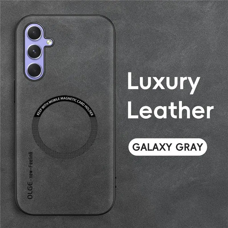 the back of a black phone case with the text luxury leather