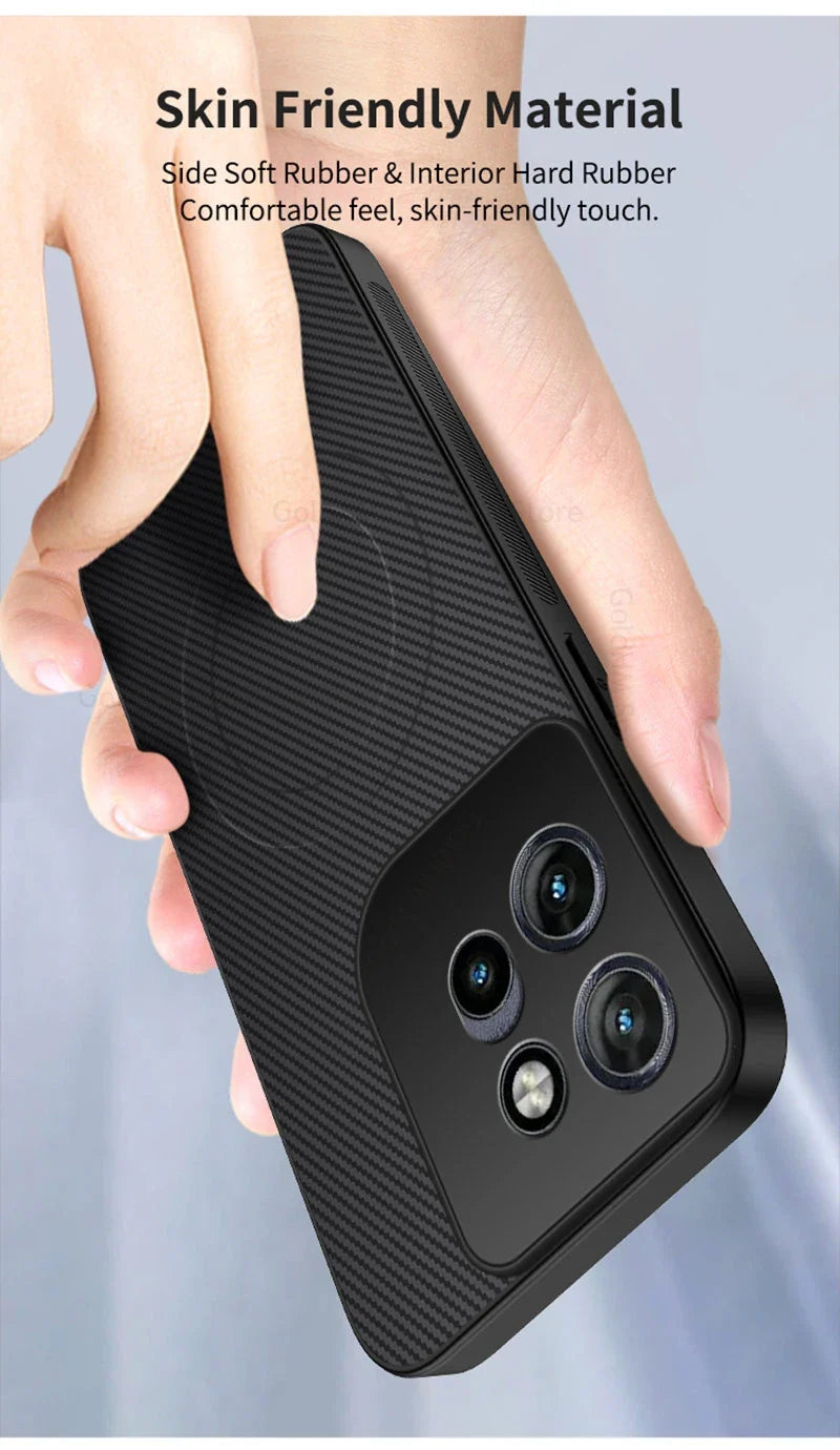 Black carbon fiber magnetic case for motorola pro ultra g67 with textured back and soft rubber sides for comfort