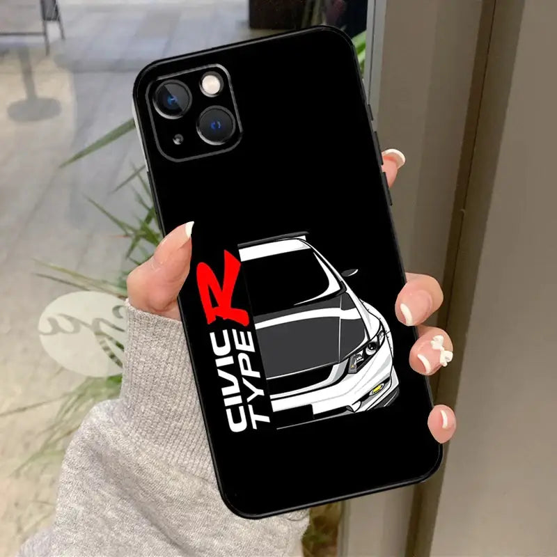a black phone case with a white car logo