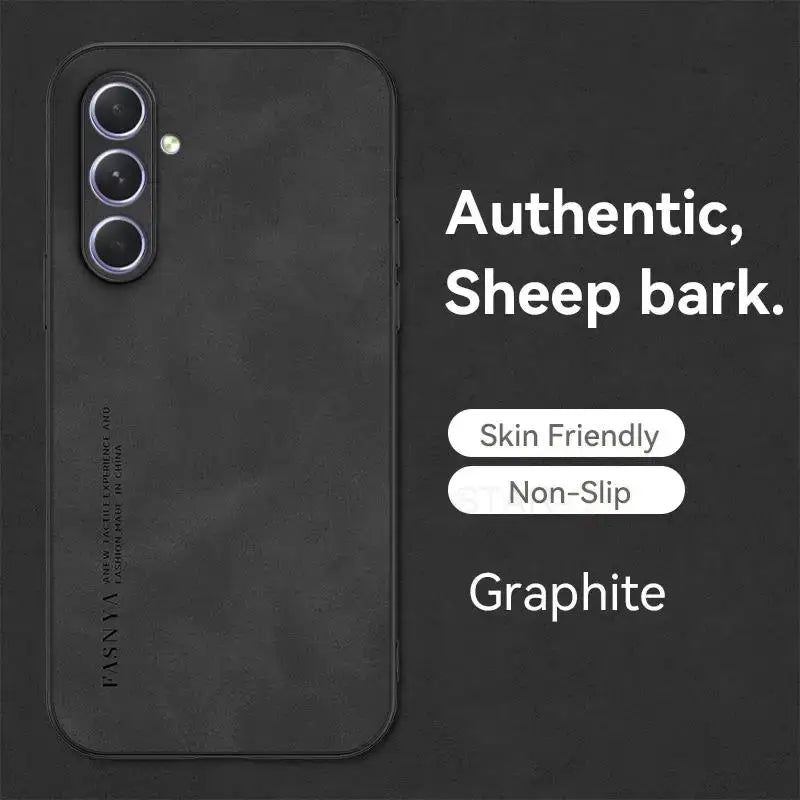a black phone case with a white text that says authentic sheep bark