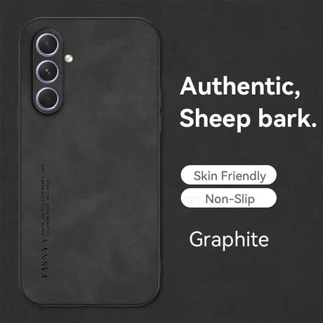 A black phone case with a white text that says authentic sheep bark