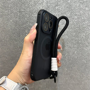 Black phone case with wrist strap.