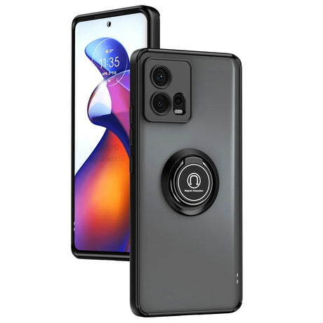Black phone with a clear protective case featuring a magnetic ring holder.