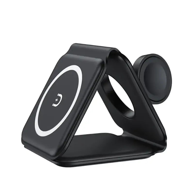 A black phone holder with a circular design on it