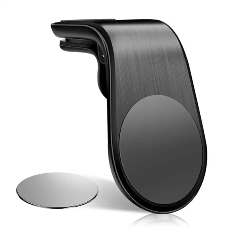 a black phone stand with a circular mirror