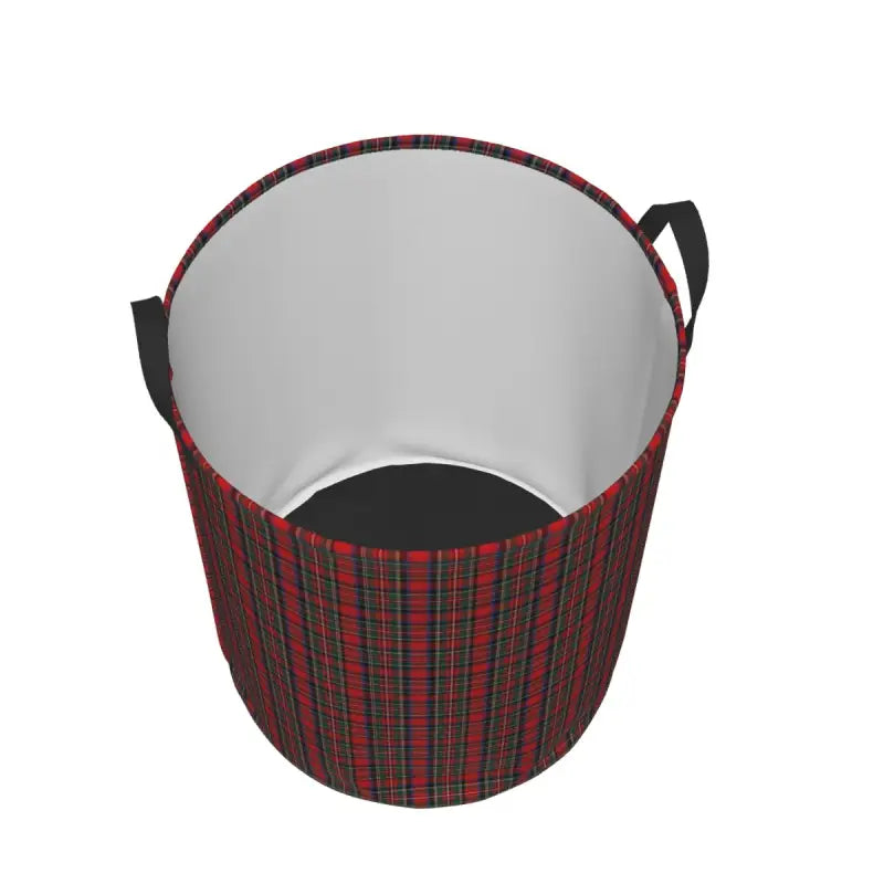 a red and black plaid fabric bucket