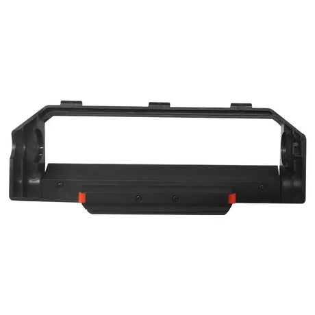 A black plastic shelf with a red handle and two red buttons