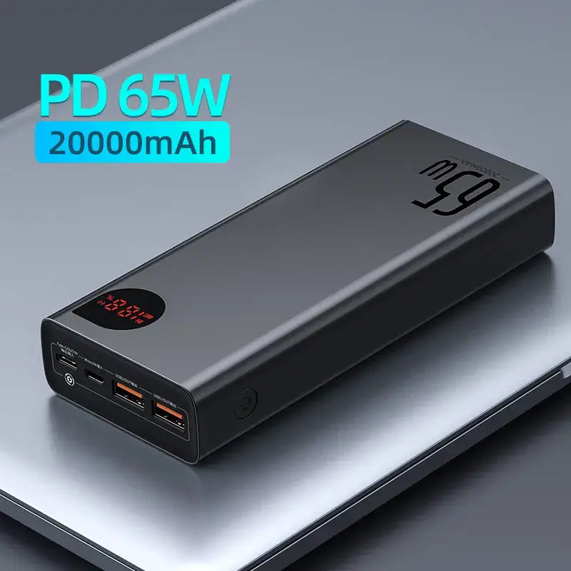 a black power bank with a red led on top