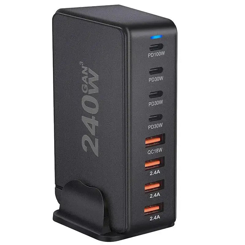 A black power strip with a usb and usb