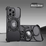 Black protective case for an iPhone with a circular Apple logo cutout and multiple camera lenses.