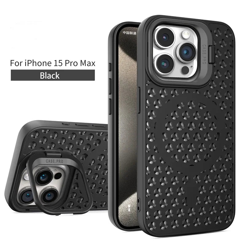 Black protective case for iPhone 15 Pro Max with a textured pattern design.