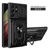 Black protective case for Samsung S23 Ultra smartphone with a built-in ring holder and kickstand.