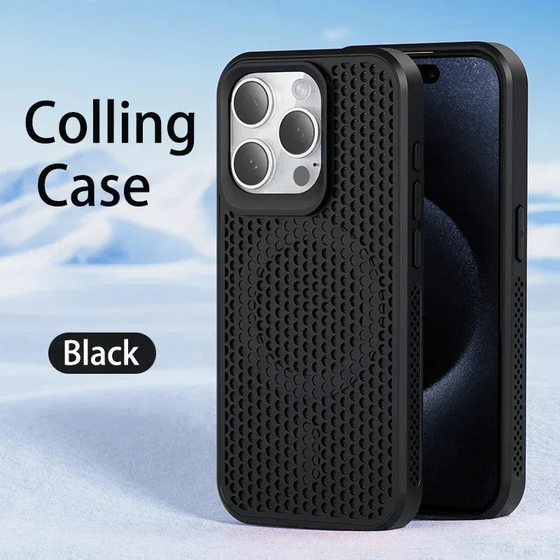 Black protective smartphone case with a textured, perforated design and camera cutout.