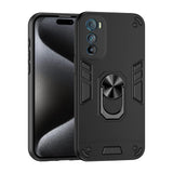 Black protective smartphone case with a built-in kickstand ring.